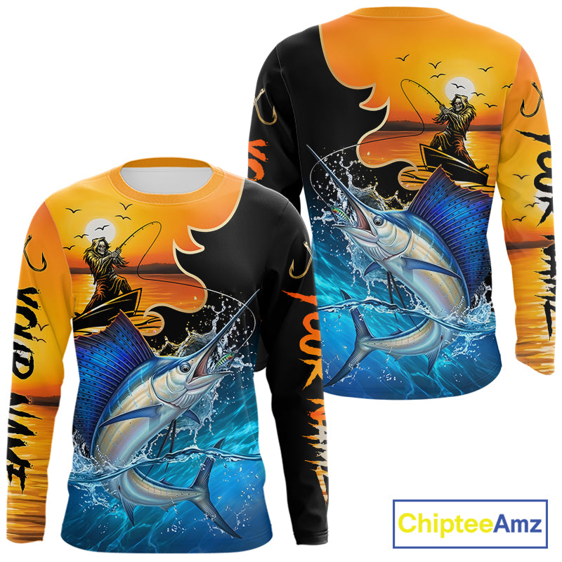 Long sleeve fishing shirt with sailfish design and sunset scene