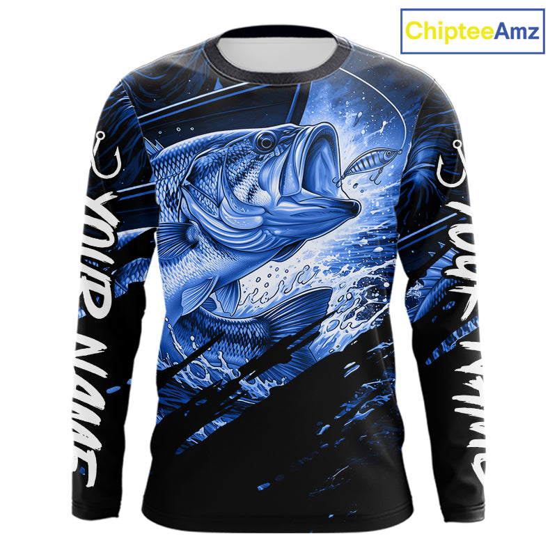 Long sleeve fishing shirt with blue bass fish design on a black background
