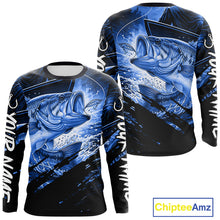 Load image into Gallery viewer, Long sleeve fishing shirt with blue bass fish design on a black background