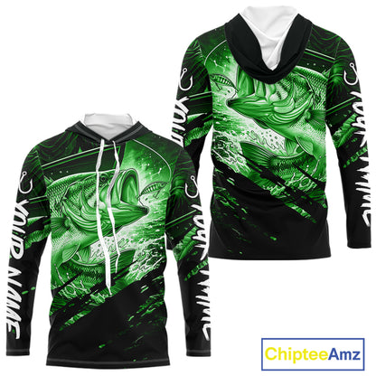 Green and black long sleeve hooded fishing shirt with largemouth bass fish design on a white background