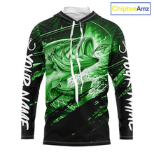 Load image into Gallery viewer, Long sleeve hooded fishing shirt with green bass fish design on a black background