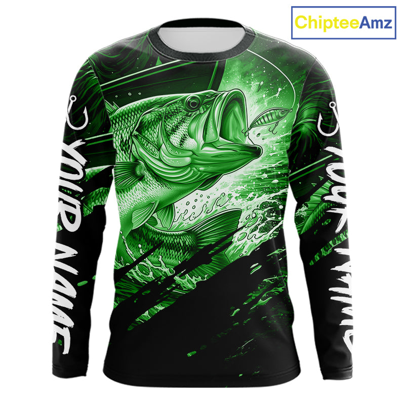 Long sleeve fishing shirt with green bass fish design on a black background