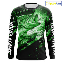 Load image into Gallery viewer, Long sleeve fishing shirt with green bass fish design on a black background