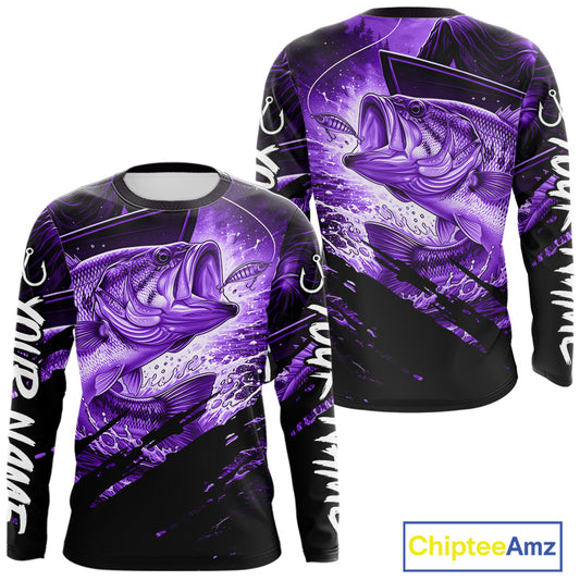 Purple and black long sleeve fishing shirt with largemouth bass fish design =