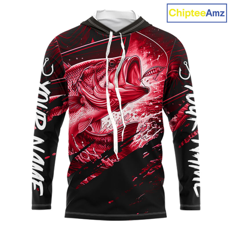 Long sleeve hooded fishing shirt with red bass fish design on a black background