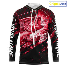 Load image into Gallery viewer, Long sleeve hooded fishing shirt with red bass fish design on a black background