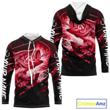 Load image into Gallery viewer, Red and black long sleeve fishing shirt with largemouth bass fish design on a white background