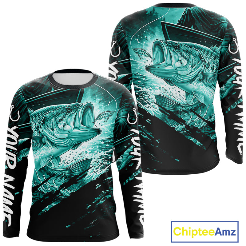 Teal and black long sleeve fishing shirt with largemouth bass fish design on a white background