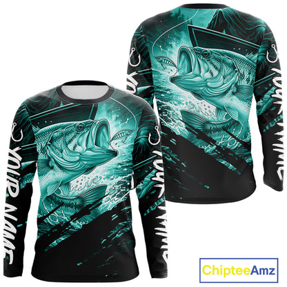 Teal and black long sleeve fishing shirt with largemouth bass fish design on a white background