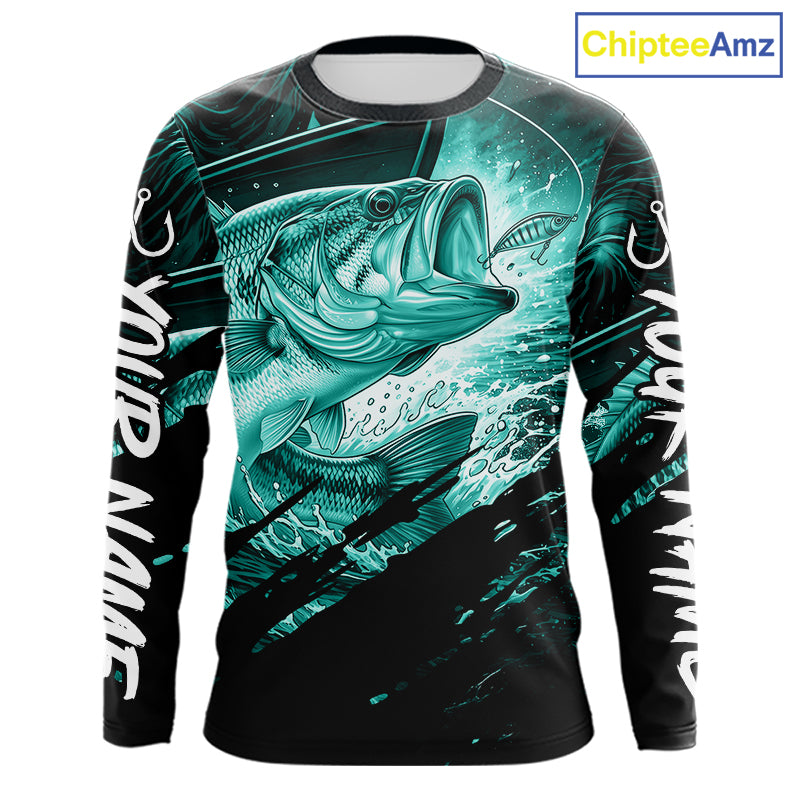 Long sleeve fishing shirt with teal bass fish design on a black background
