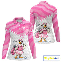 Load image into Gallery viewer, Pink Zebra Pattern Funny Duck Womens Golf Polo Shirts, Cute Duck Golfer, Sporty Animal Golf Gift NBT658