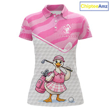 Load image into Gallery viewer, Pink Zebra Pattern Funny Duck Womens Golf Polo Shirts, Cute Duck Golfer, Sporty Animal Golf Gift NBT658