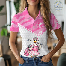 Load image into Gallery viewer, Pink Zebra Pattern Funny Duck Womens Golf Polo Shirts, Cute Duck Golfer, Sporty Animal Golf Gift NBT658