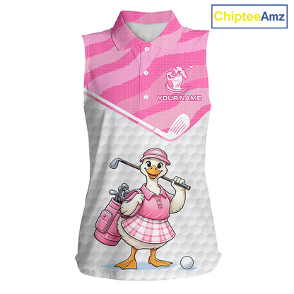 Pink Zebra Pattern Funny Duck Womens Sleeveless Golf Polo Shirts, Cute Duck Golfer, Sporty Animal Golf Gift NBT658