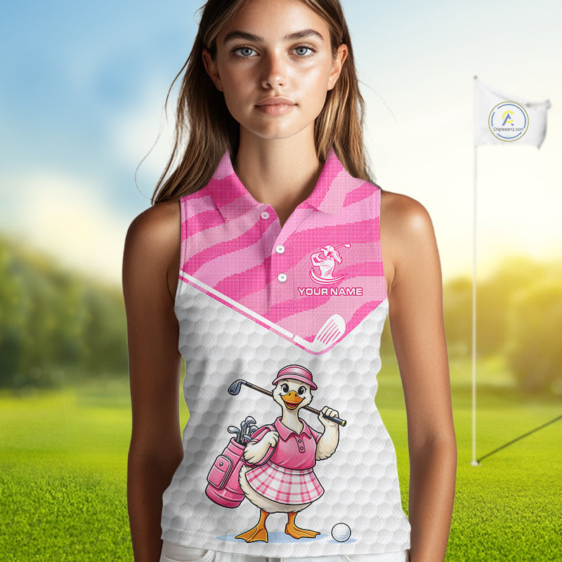 Pink Zebra Pattern Funny Duck Womens Sleeveless Golf Polo Shirts, Cute Duck Golfer, Sporty Animal Golf Gift NBT658