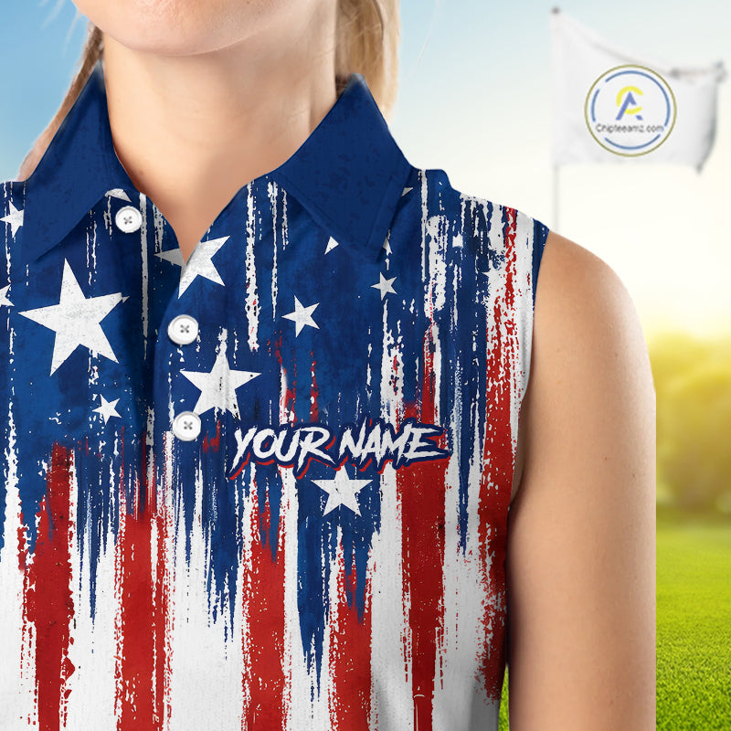 Personalized American Flag Golf White Womens Sleeveless Golf Polo Shirts Custom Name Golf Gifts For Ladies NBT659