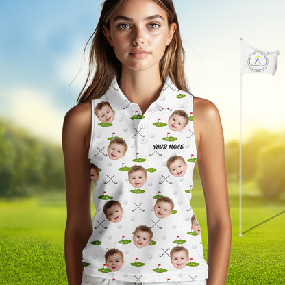 Personalized Face & Name Sleeveless Golf Polo Shirt For Women, Best Mom Golf Shirt, Mother's Day Gift Polo|White NBT661