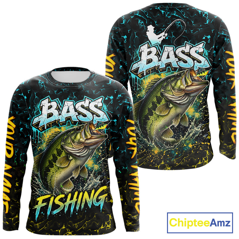 Personalized Neon Color Bass Long Sleeve Fishing Shirts, Largemouth Bass Fishing Jerseys For Men NBT668