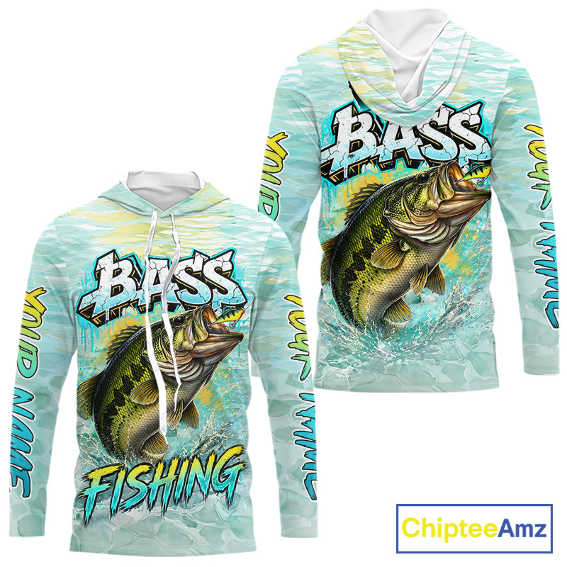 Personalized Bass Long Sleeve Hooded Fishing Shirts, Largemouth Bass Fishing Jerseys For Men NBT669
