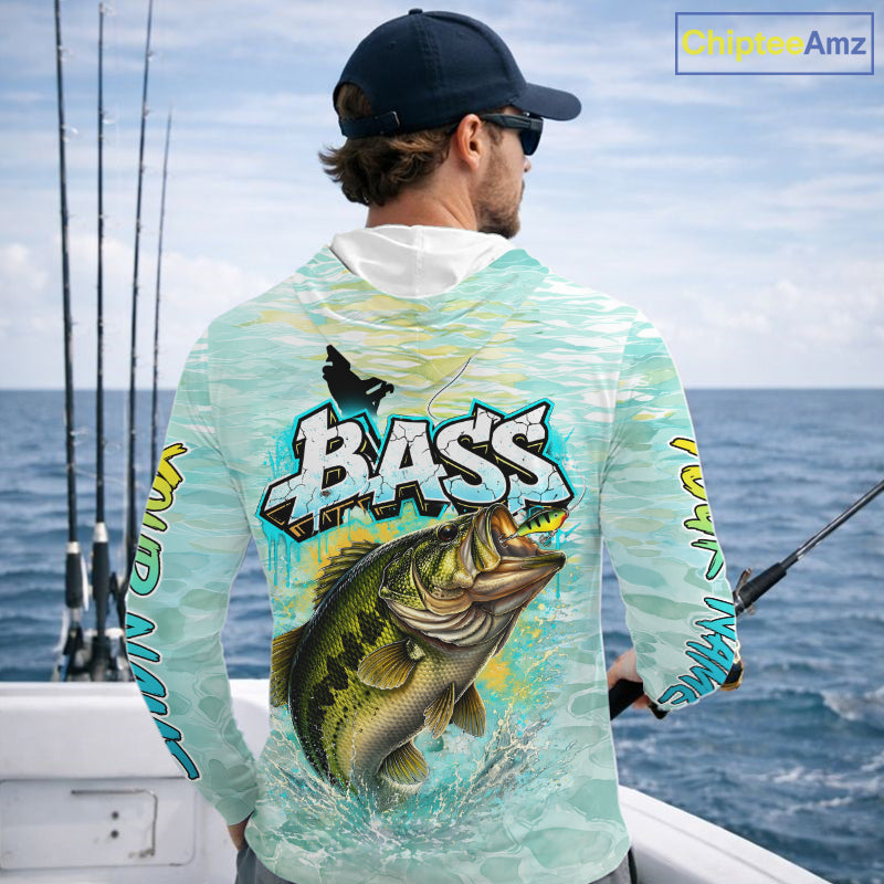 Personalized Bass Long Sleeve Hooded Fishing Shirts, Largemouth Bass Fishing Jerseys For Men NBT669