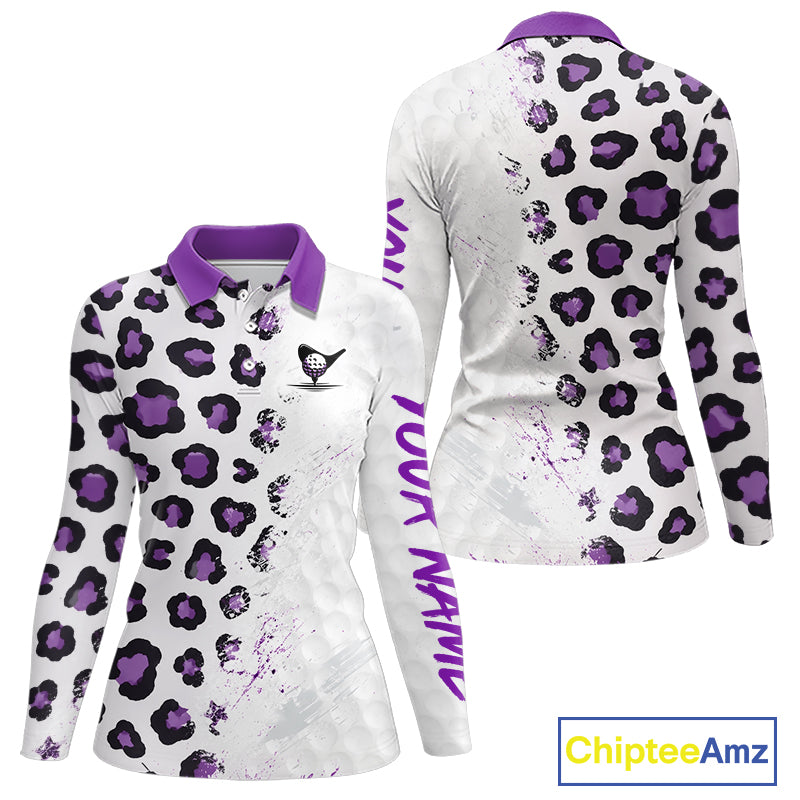 White long-sleeve shirt with purple leopard print pattern on a white background