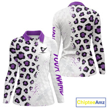 Load image into Gallery viewer, White long-sleeve shirt with purple leopard print pattern on a white background