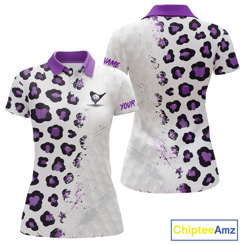 White polo shirt with purple and black leopard print pattern