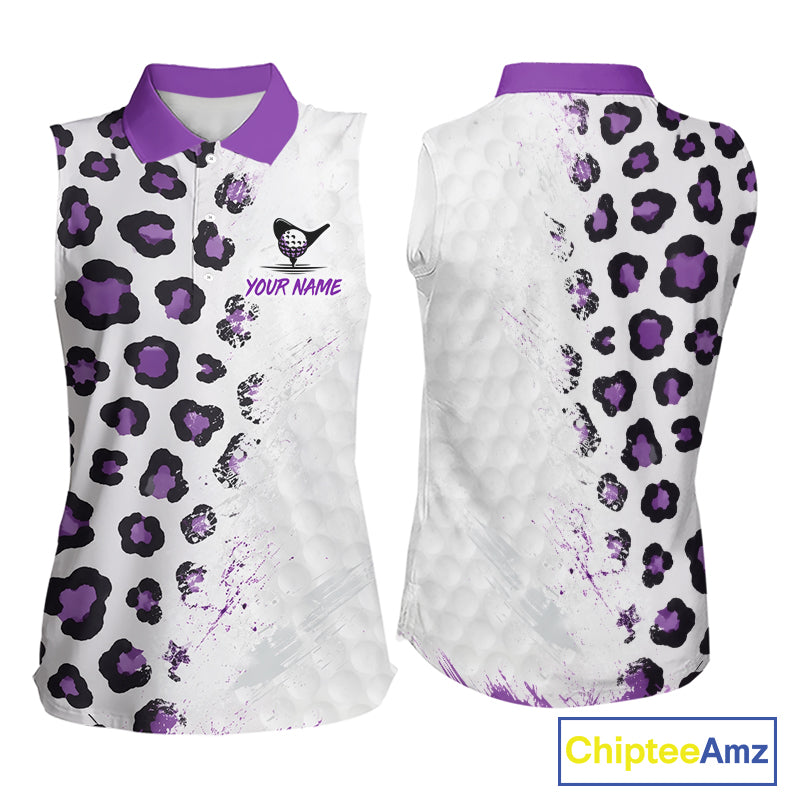 White sleeveless shirt with purple leopard print pattern on a white background