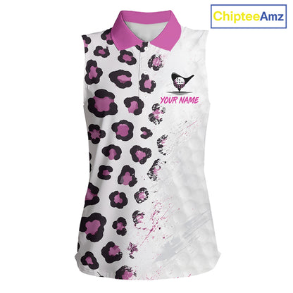 White sleeveless polo shirt with pink and black leopard print 