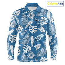 Load image into Gallery viewer, Blue long-sleeve shirt with white leaf pattern and 'Your Name' text