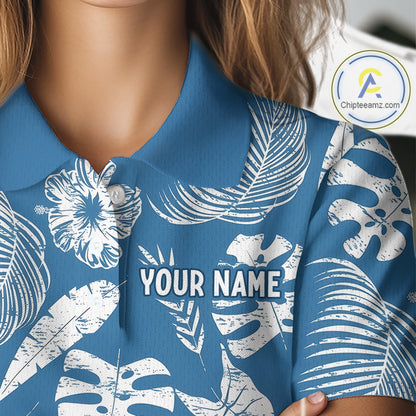 Blue golf polo shirt with white floral patterns and 'YOUR NAME' text,