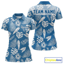 Load image into Gallery viewer, Blue golf polo shirt with white leaf pattern and customizable text on a white background