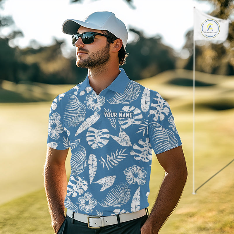 Man wearing a blue tropical patterned shirt on a golf course 