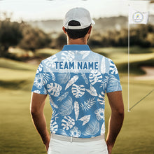 Load image into Gallery viewer, Person wearing a blue and white patterned shirt with 'TEAM NAME' text on a golf course.