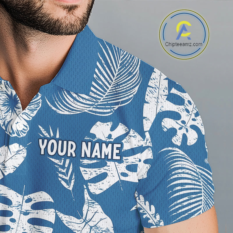 Blue shirt with tropical leaf pattern and 'YOUR NAME' text
