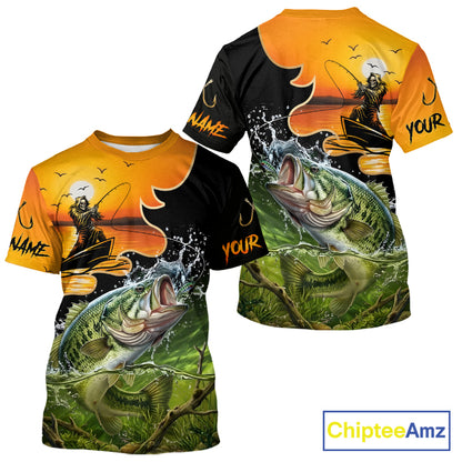 Personalized Fish Reaper Sunset Design Largemouth Bass Fishing T-Shirts NBT673