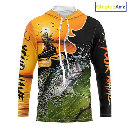 Personalized Fish Reaper Sunset Design Crappie Long Sleeve Hooded Fishing Shirts NBT674