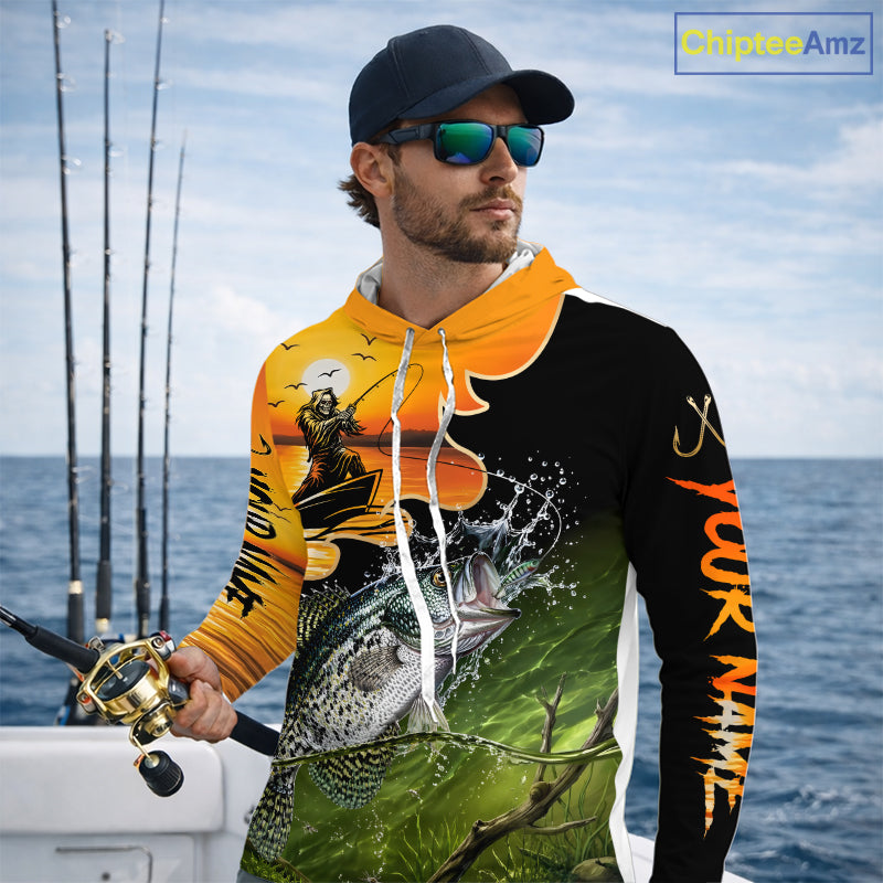 Personalized Fish Reaper Sunset Design Crappie Long Sleeve Hooded Fishing Shirts NBT674