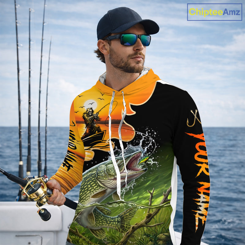 Personalized Fish Reaper Sunset Design Northern Pike Long Sleeve Hooded Fishing Shirts NBT675
