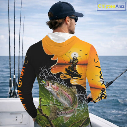 Personalized Fish Reaper Sunset Design Rainbow Trout Long Sleeve Hooded Fishing Shirts NBT676