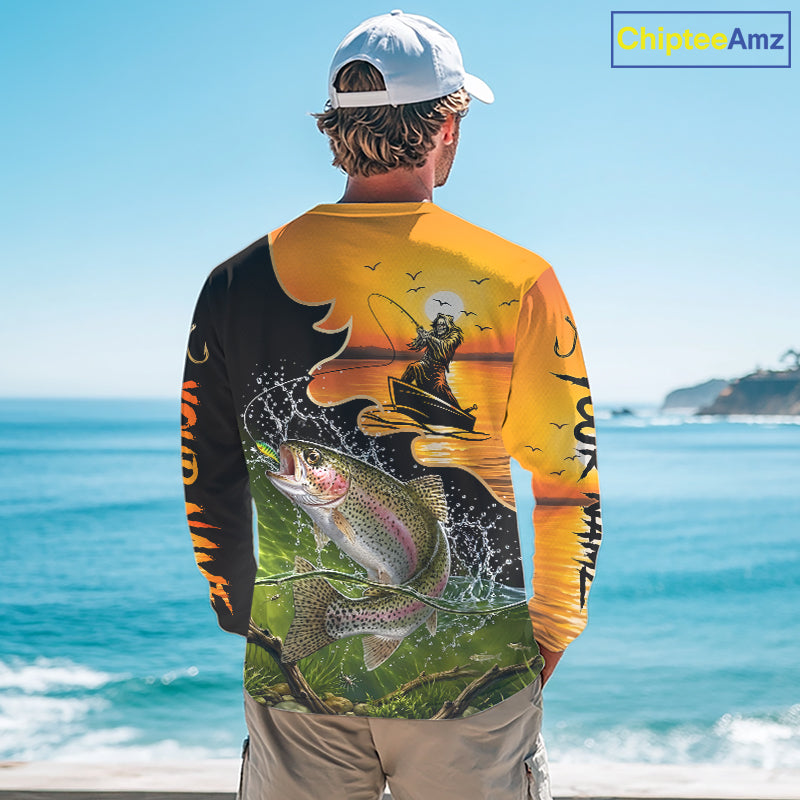 Personalized Fish Reaper Sunset Design Rainbow Trout Fishing Shirts Long Sleeve NBT676