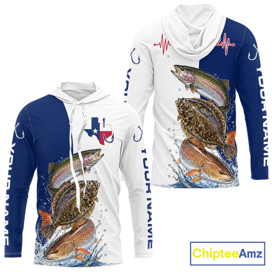 Blue Texas Slam Fishing Custom Performance Long Sleeve Hooded Team Redfish, Trout, Flounder Fishing Shirts NBT679