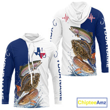 Load image into Gallery viewer, Blue Texas Slam Fishing Custom Performance Long Sleeve Hooded Team Redfish, Trout, Flounder Fishing Shirts NBT679