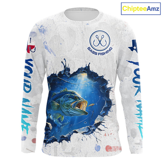 Custom Bass Fishing Long Sleeve Tournament Shirts, Largemouth Bass Fishing Apparel | White NBT680