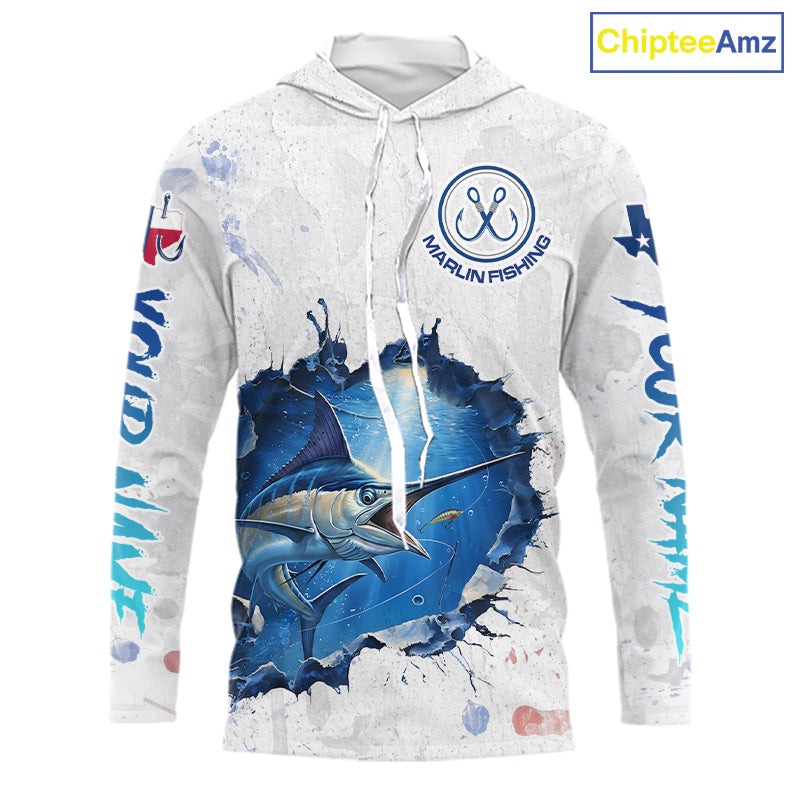 Custom Marlin Fishing Long Sleeve Hooded Tournament Shirts, Marlin Saltwater Fishing Apparel | White NBT681