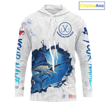 Load image into Gallery viewer, Custom Marlin Fishing Long Sleeve Hooded Tournament Shirts, Marlin Saltwater Fishing Apparel | White NBT681