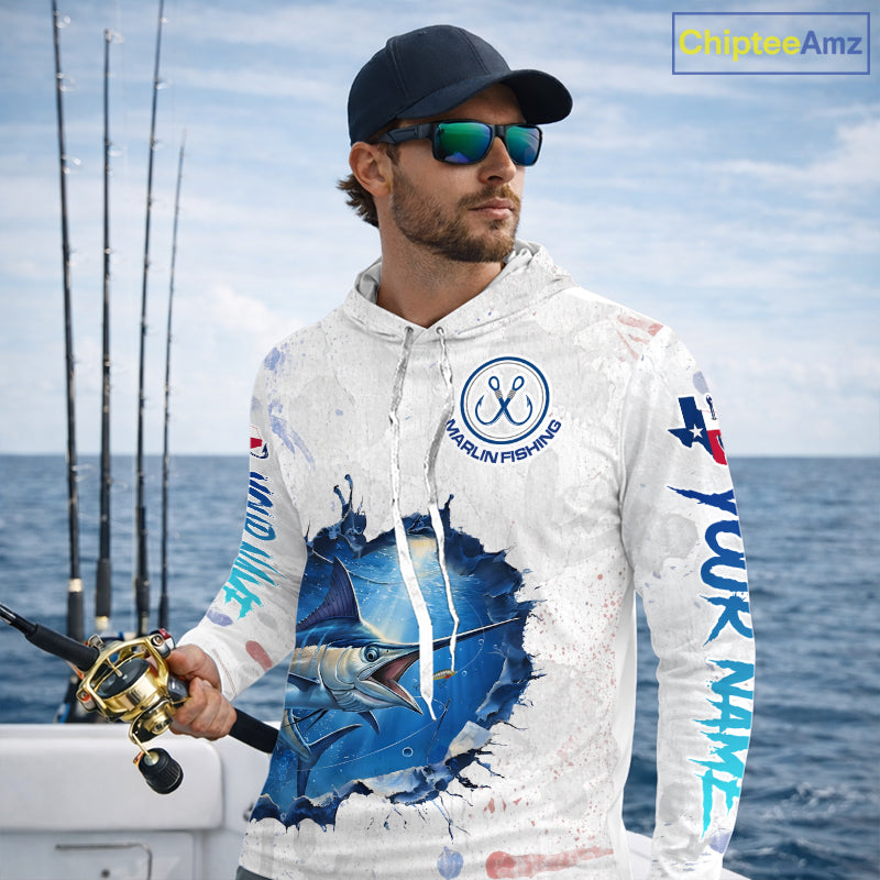 Custom Marlin Fishing Long Sleeve Hooded Tournament Shirts, Marlin Saltwater Fishing Apparel | White NBT681