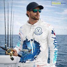 Load image into Gallery viewer, Custom Marlin Fishing Long Sleeve Hooded Tournament Shirts, Marlin Saltwater Fishing Apparel | White NBT681