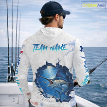 Load image into Gallery viewer, Custom Marlin Fishing Long Sleeve Hooded Tournament Shirts, Marlin Saltwater Fishing Apparel | White NBT681