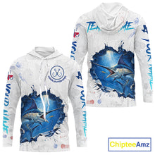 Load image into Gallery viewer, Custom Marlin Fishing Long Sleeve Hooded Tournament Shirts, Marlin Saltwater Fishing Apparel | White NBT681